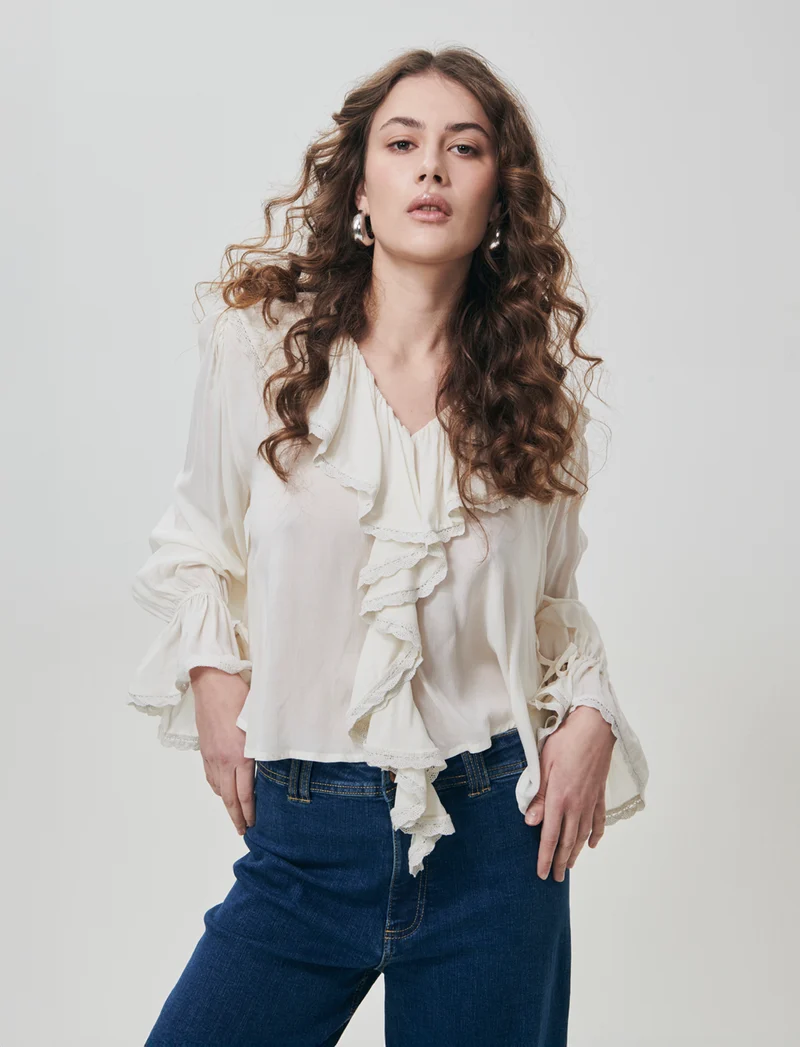 Blusa con rouches e scollo a V - Avorio