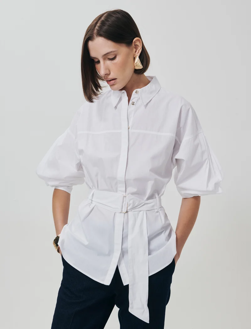 Camicia Manica Lunga con Cintura - Bianco