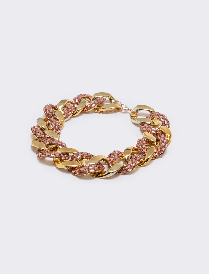 Collana grande con strass e catena - Rosa