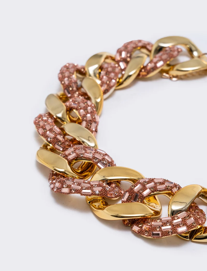 Collana grande con strass e catena - Rosa