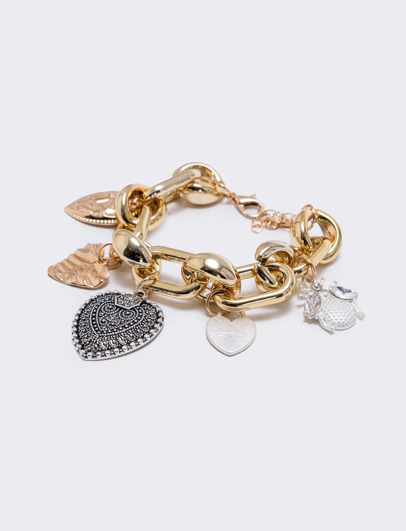 Bracciale a catena con cuori e ciondoli - Oro