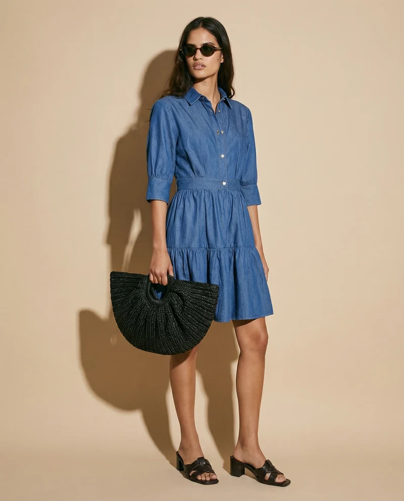Abito corto denim con maniche a balze - DENIM SCURO