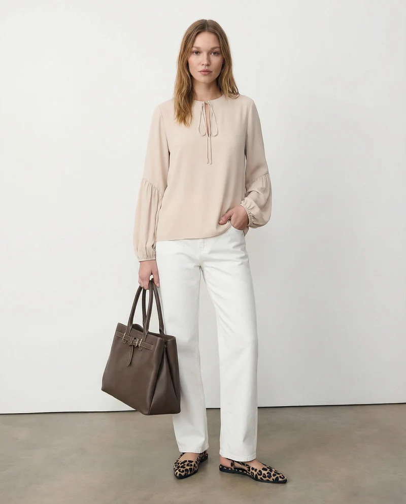 Casacca manica lunga con laccio scollo - Beige