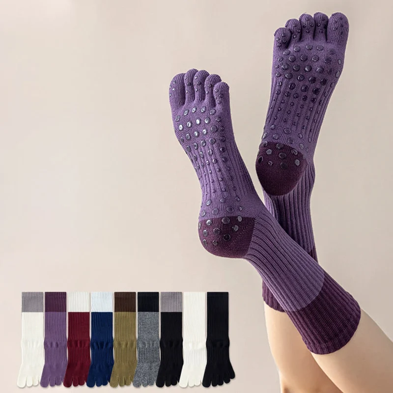 Olivenorma Hochelastische, mittelhohe Yoga-Socken mit durchgehender Silikonsohle, rutschfester und stoßdämpfender Sohle, geräuschlose Sport- und Fitness-Socken für Damen