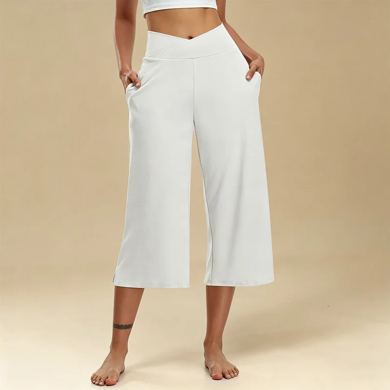Olivenorma Crossover High Waist Cropped Wide Leg With Pockets Yoga Fitness Damenhose