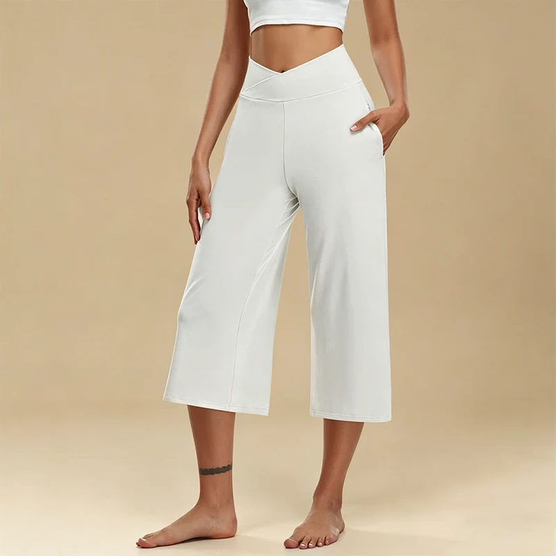 Olivenorma Crossover High Waist Cropped Wide Leg With Pockets Yoga Fitness Damenhose