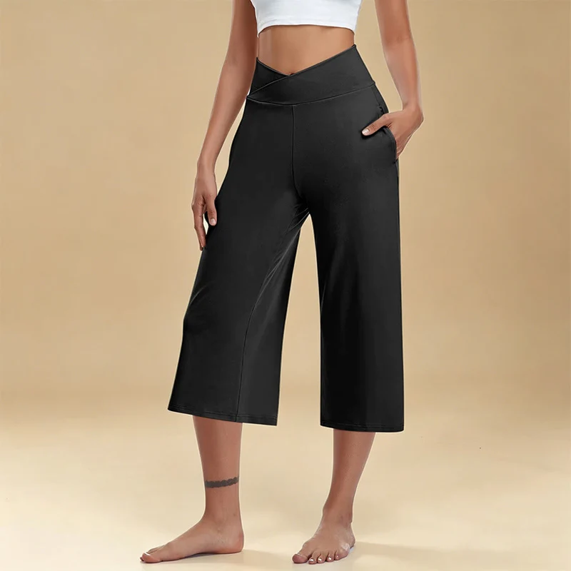 Olivenorma Crossover High Waist Cropped Wide Leg With Pockets Yoga Fitness Damenhose