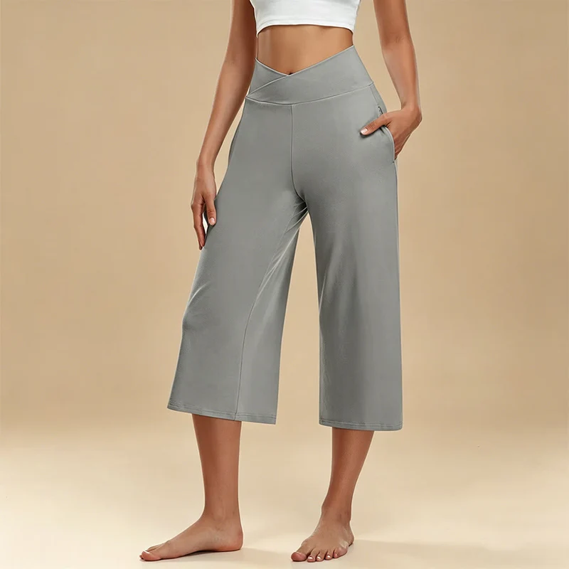 Olivenorma Crossover High Waist Cropped Wide Leg With Pockets Yoga Fitness Damenhose