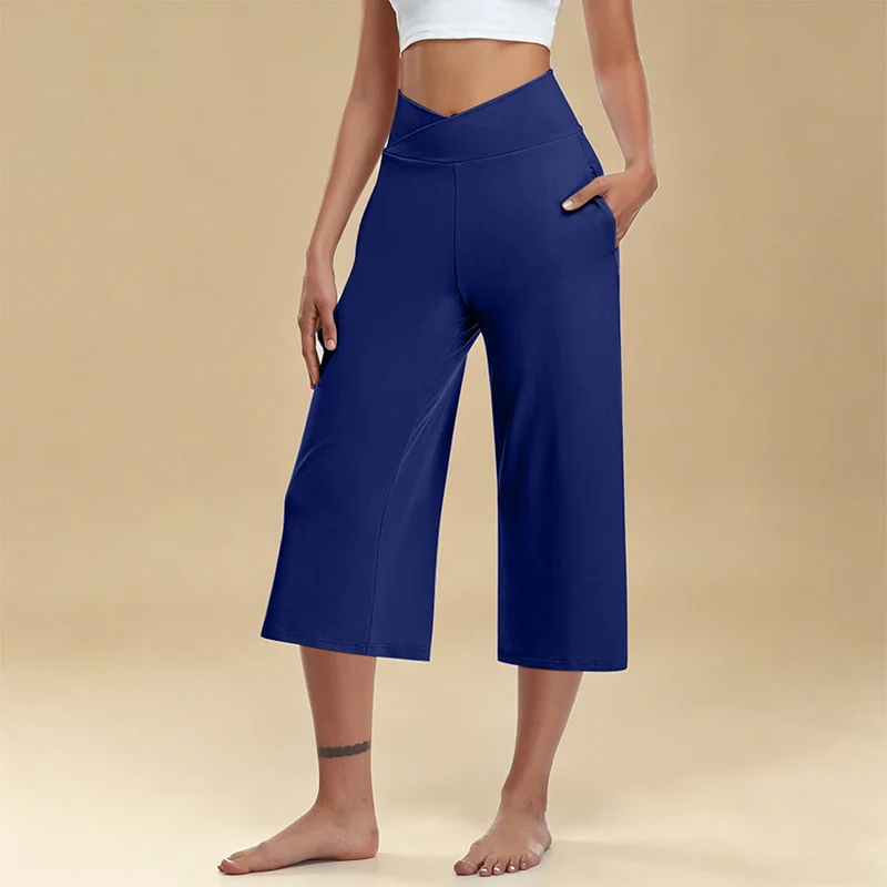 Olivenorma Crossover High Waist Cropped Wide Leg With Pockets Yoga Fitness Damenhose