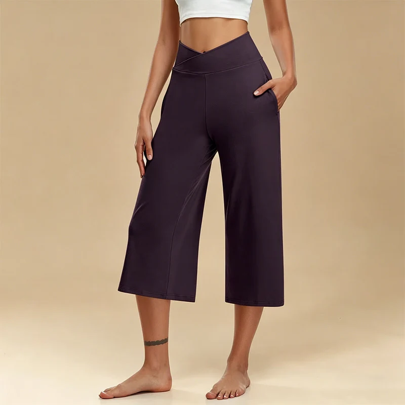 Olivenorma Crossover High Waist Cropped Wide Leg With Pockets Yoga Fitness Damenhose