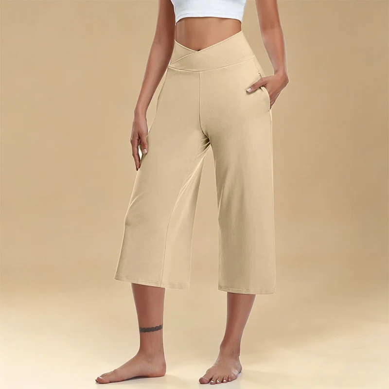 Olivenorma Crossover High Waist Cropped Wide Leg With Pockets Yoga Fitness Damenhose