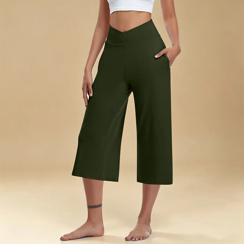 Olivenorma Crossover High Waist Cropped Wide Leg With Pockets Yoga Fitness Damenhose