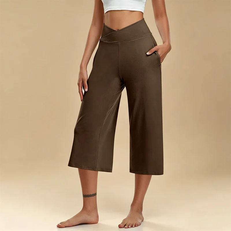 Olivenorma Crossover High Waist Cropped Wide Leg With Pockets Yoga Fitness Damenhose