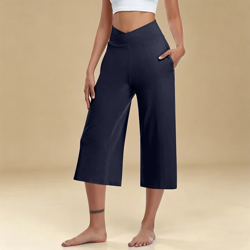 Olivenorma Crossover High Waist Cropped Wide Leg With Pockets Yoga Fitness Damenhose