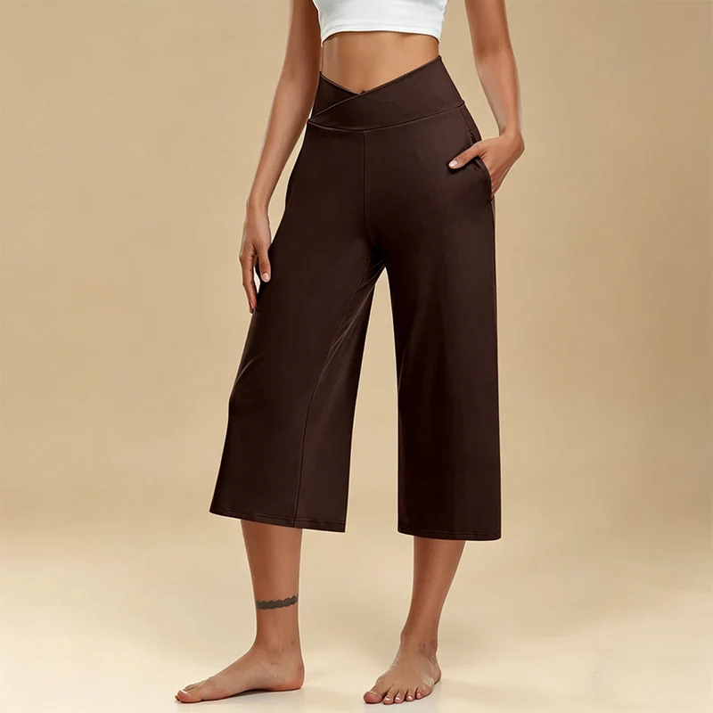 Olivenorma Crossover High Waist Cropped Wide Leg With Pockets Yoga Fitness Damenhose