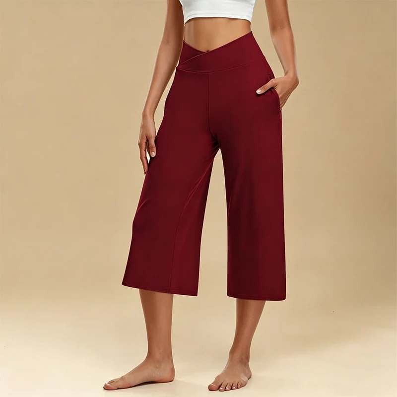 Olivenorma Crossover High Waist Cropped Wide Leg With Pockets Yoga Fitness Damenhose