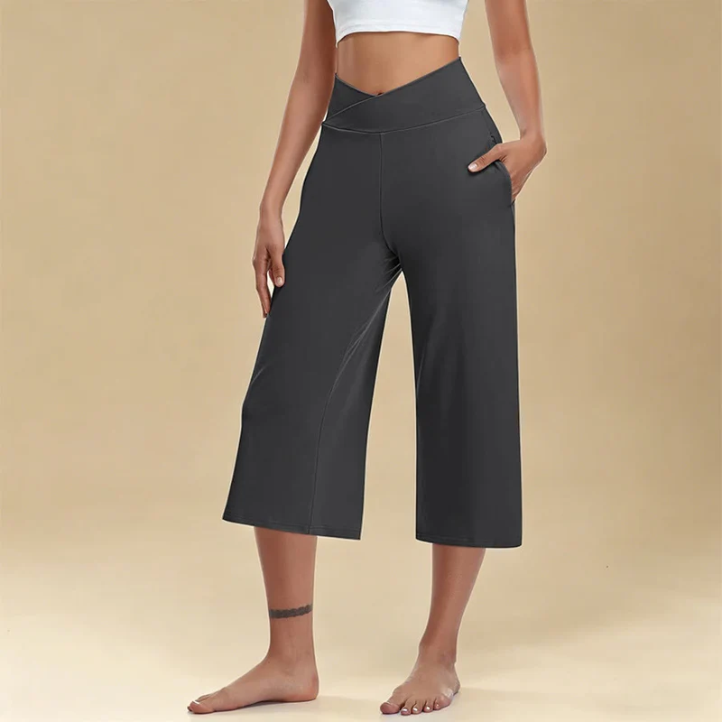 Olivenorma Crossover High Waist Cropped Wide Leg With Pockets Yoga Fitness Damenhose