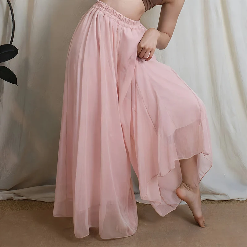 Olivenorma Elastische, hochtaillierte, fließende Chiffonhose mit weitem Bein – ideal für Tanz und Yoga – Damen