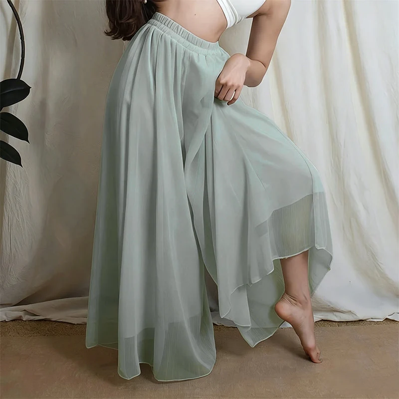 Olivenorma Elastische, hochtaillierte, fließende Chiffonhose mit weitem Bein – ideal für Tanz und Yoga – Damen