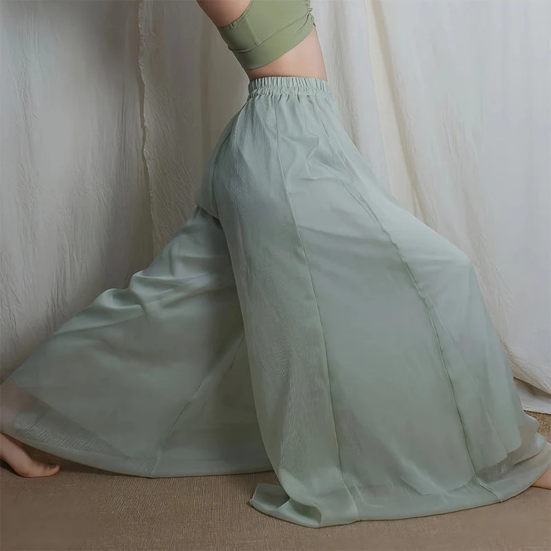 Olivenorma Elastische, hochtaillierte, fließende Chiffonhose mit weitem Bein – ideal für Tanz und Yoga – Damen