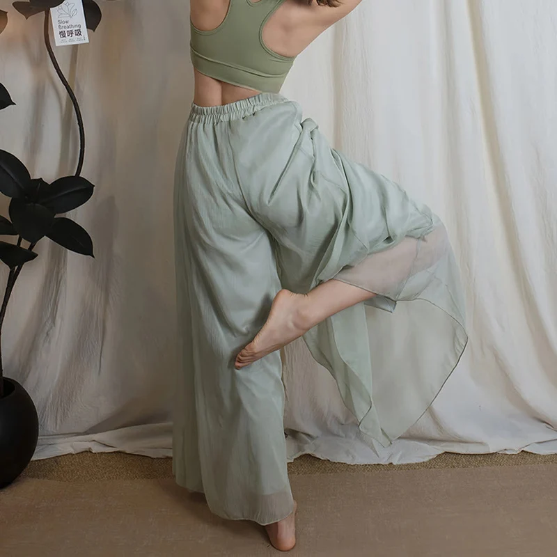 Olivenorma Elastische, hochtaillierte, fließende Chiffonhose mit weitem Bein – ideal für Tanz und Yoga – Damen