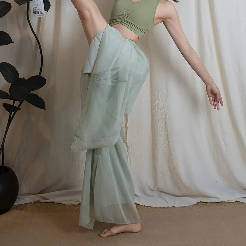 Olivenorma Elastische, hochtaillierte, fließende Chiffonhose mit weitem Bein – ideal für Tanz und Yoga – Damen