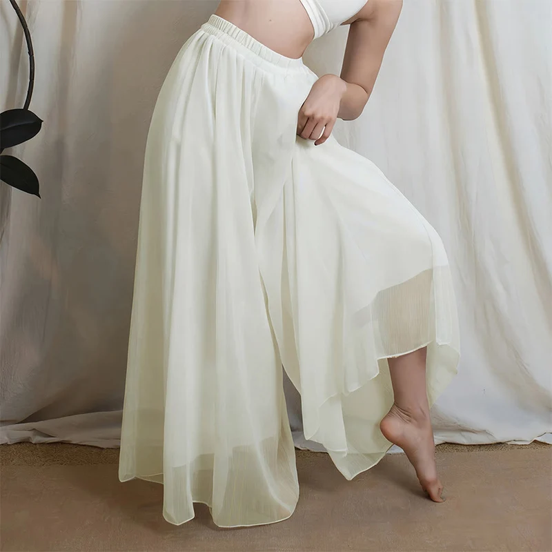 Olivenorma Elastische, hochtaillierte, fließende Chiffonhose mit weitem Bein – ideal für Tanz und Yoga – Damen
