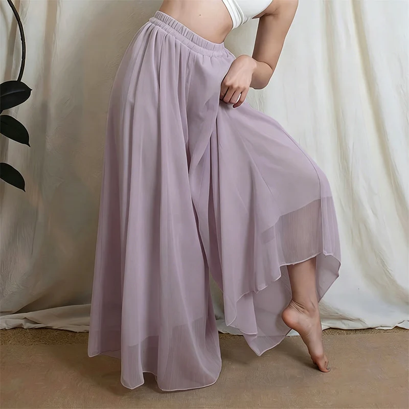Olivenorma Elastische, hochtaillierte, fließende Chiffonhose mit weitem Bein – ideal für Tanz und Yoga – Damen