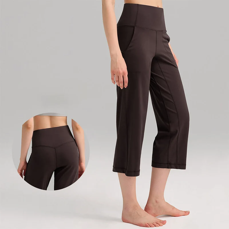 Olivenorma Caprihose mit hohem Bund, weitem Bein und Taschen – ideal für Yoga und Fitness – Damen