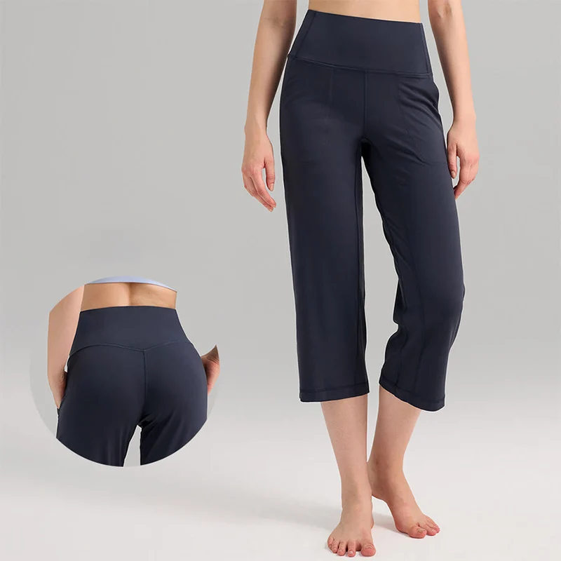 Olivenorma Caprihose mit hohem Bund, weitem Bein und Taschen – ideal für Yoga und Fitness – Damen