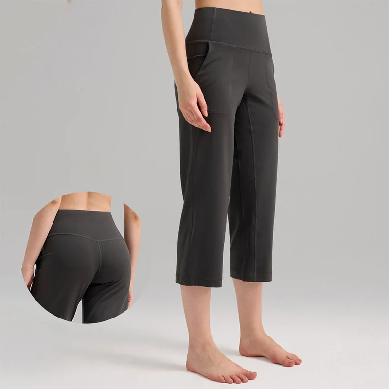 Olivenorma Caprihose mit hohem Bund, weitem Bein und Taschen – ideal für Yoga und Fitness – Damen