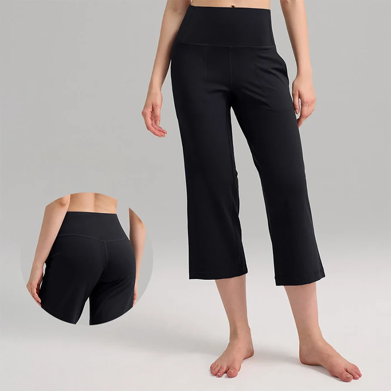 Olivenorma Caprihose mit hohem Bund, weitem Bein und Taschen – ideal für Yoga und Fitness – Damen