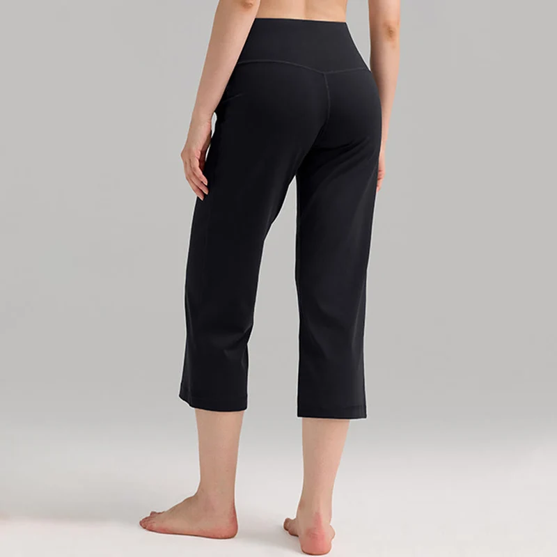 Olivenorma Caprihose mit hohem Bund, weitem Bein und Taschen – ideal für Yoga und Fitness – Damen