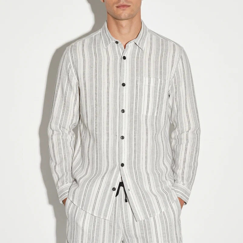 Camicia a righe in lino regular fit - Bianco