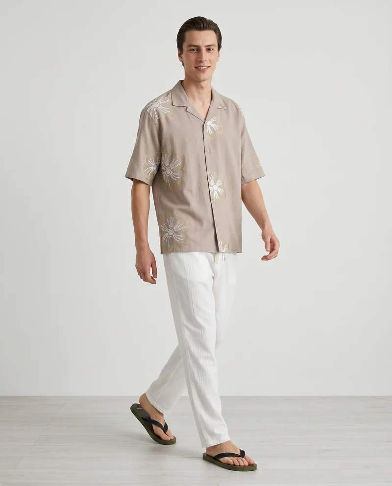 Camicia boxy fit in cotone ricamato - Beige