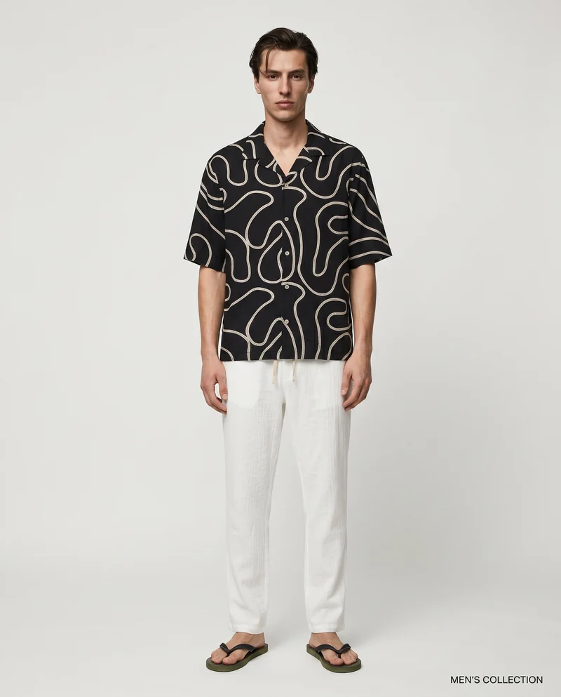 Camicia boxy fit in cotone ricamato - Nero