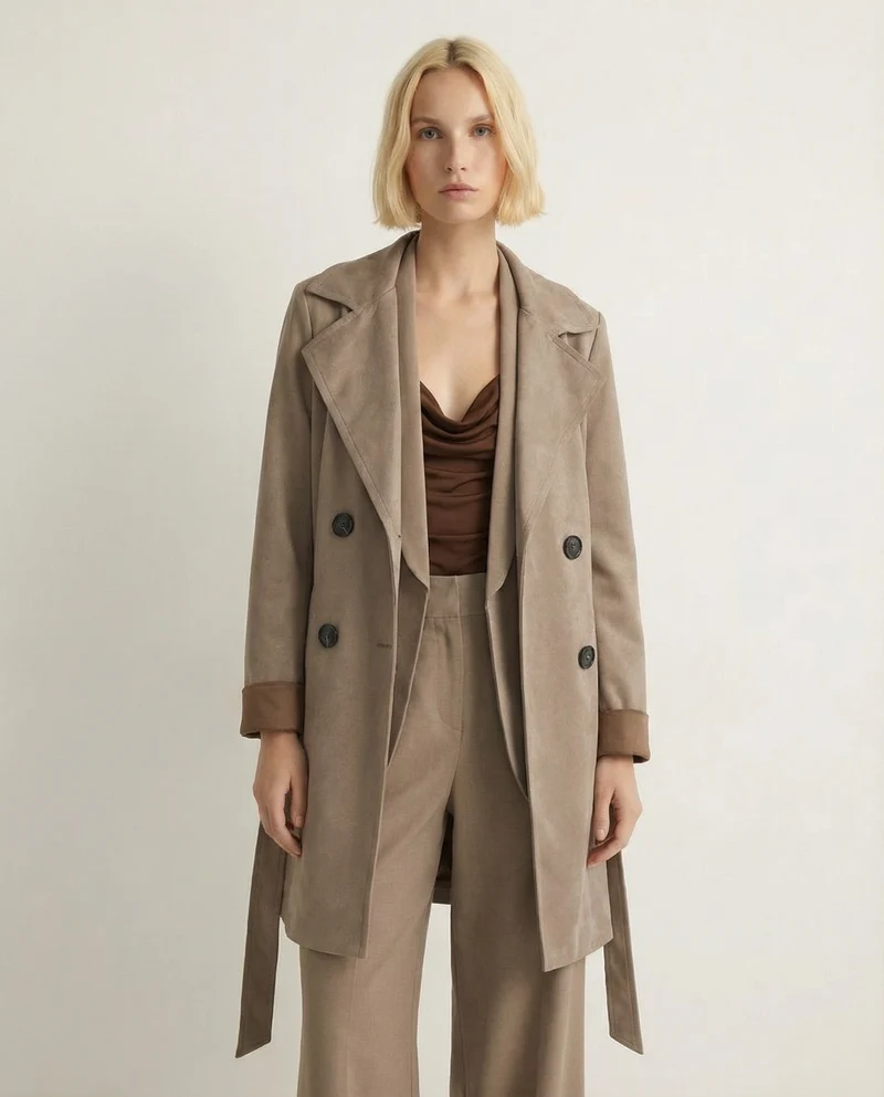 Trench in tessuto suede - Grigio fango