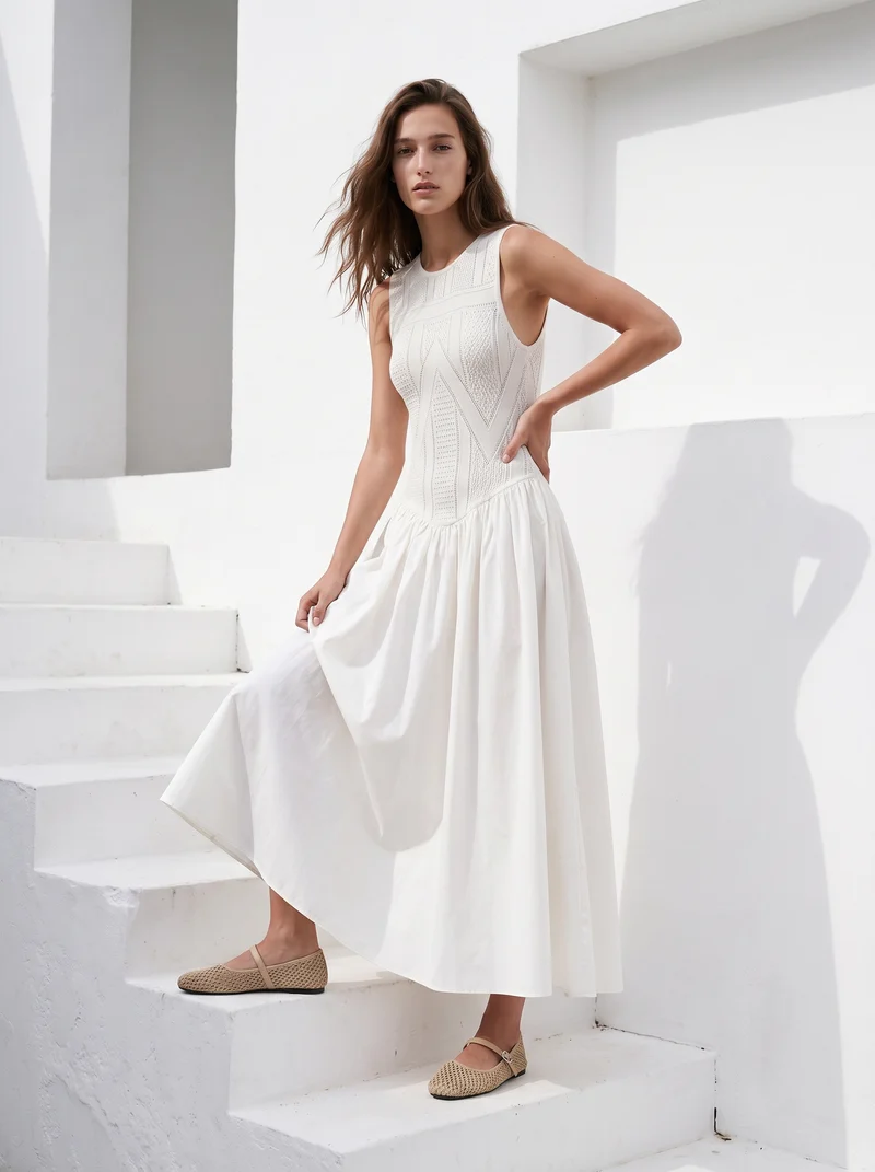 Vestito lungo smanicato con scollo rotondo - Avorio