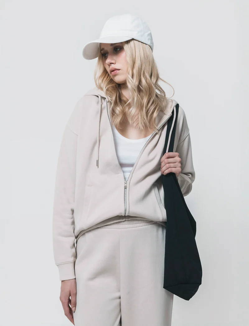 Felpa con cappuccio e zip lunga - Beige grano