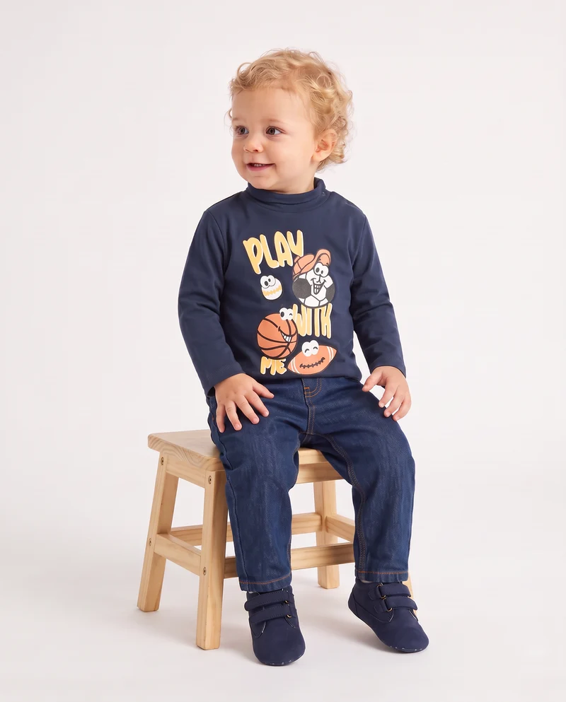 T shirt collo alto con stampa casual - Blu