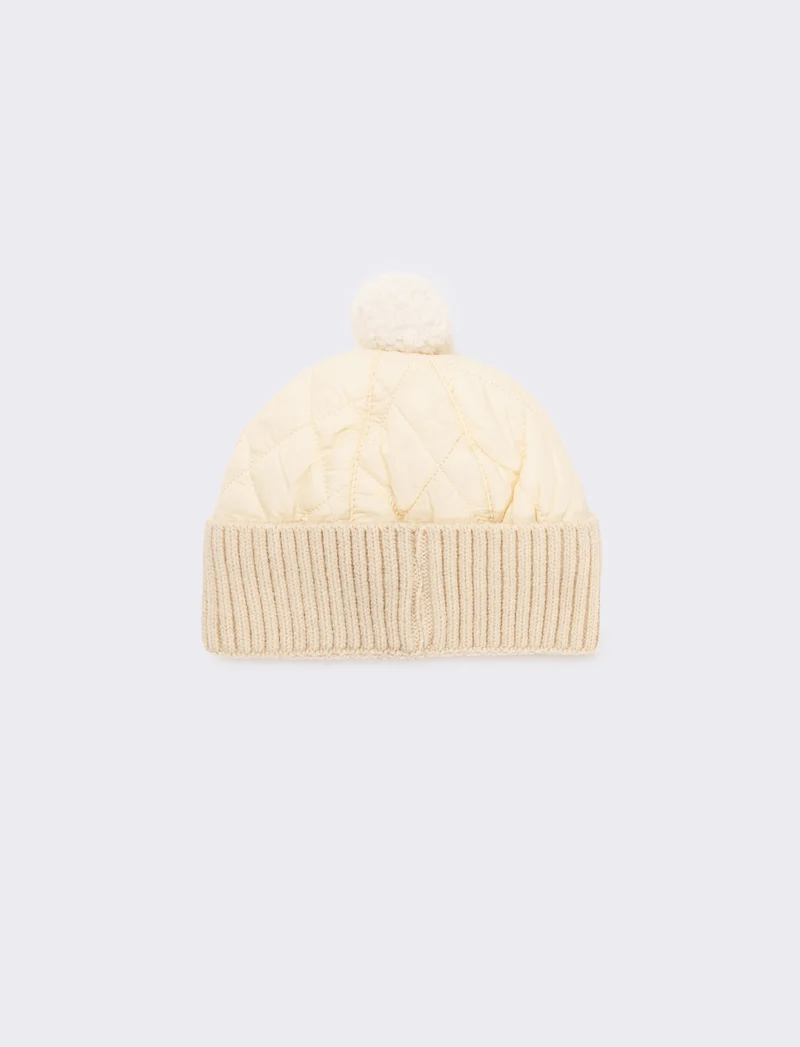 Cappello neonato con pon pon trapuntato - Bianco panna