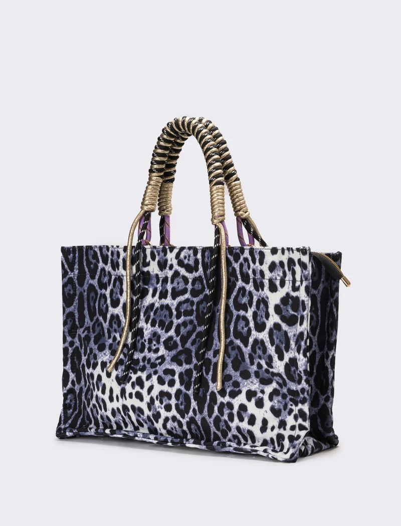 Shopper donna leoparadata con manico corda - Nero