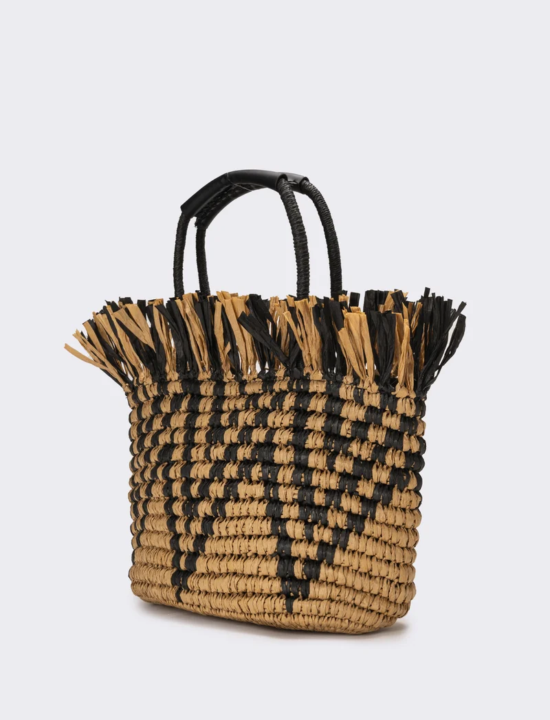 Shopper donna zig zag con frange in raffia - Nero