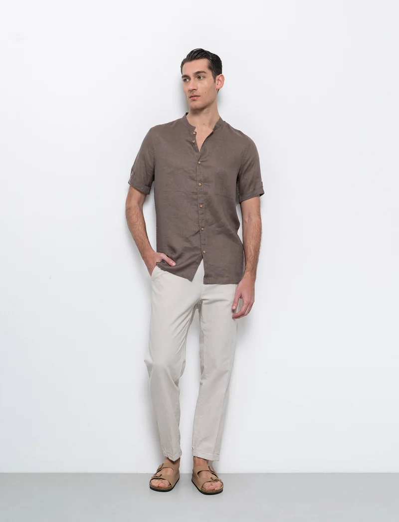 Camicia coreana manica corta 100% lino da uomo - Grigio fango