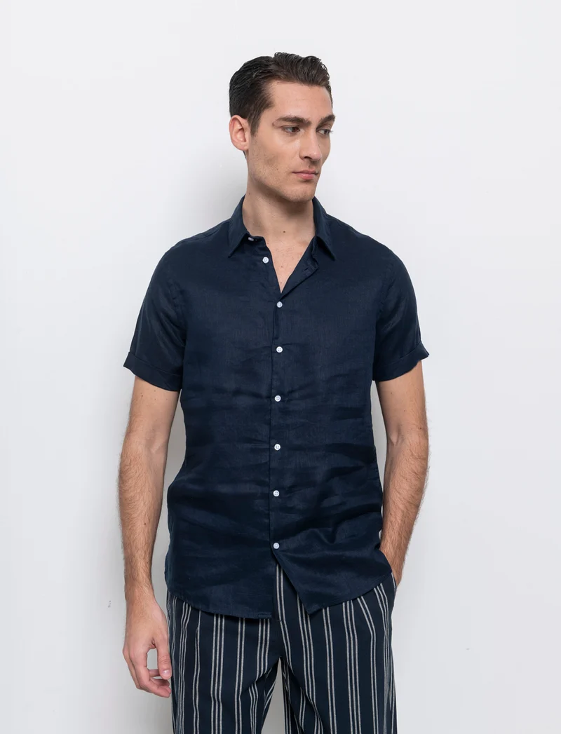 Camicia manica corta 100% lino da uomo - Blu
