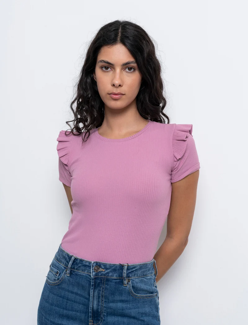T-shirt a coste da donna - Rosa polvere