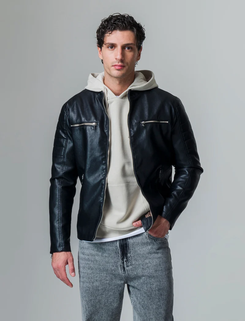 Giubbotto biker effetto pelle da uomo - Nero