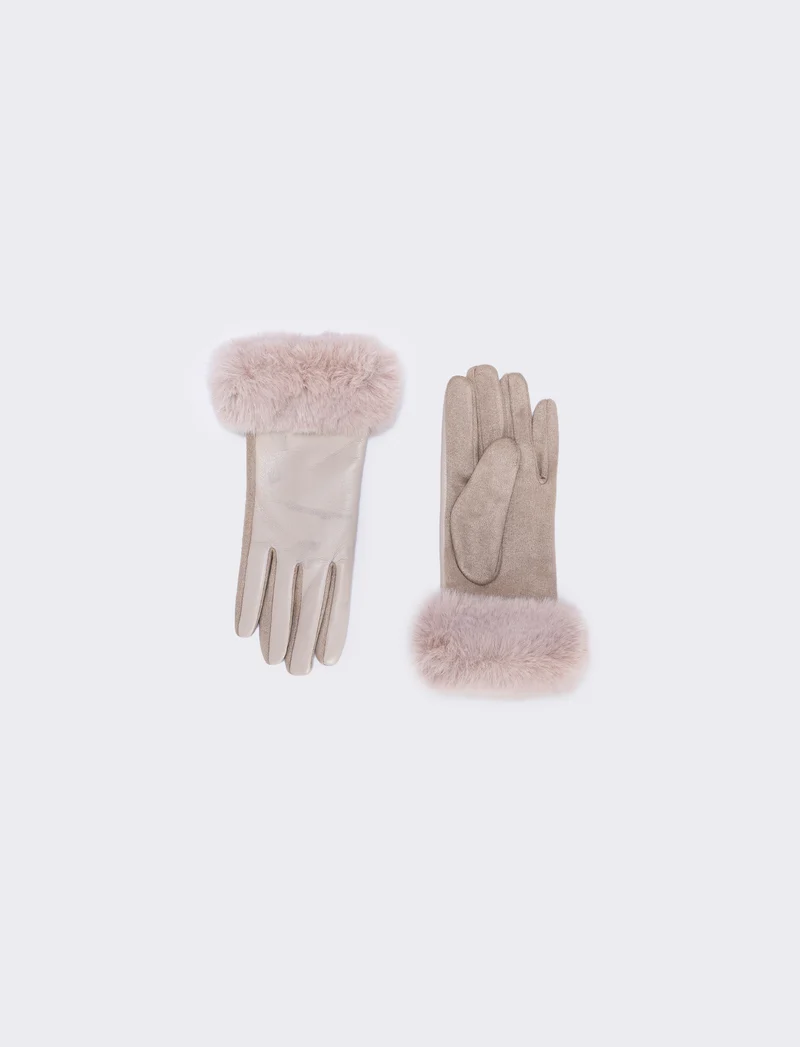 Guanti effetto pelle con pelliccia - Beige