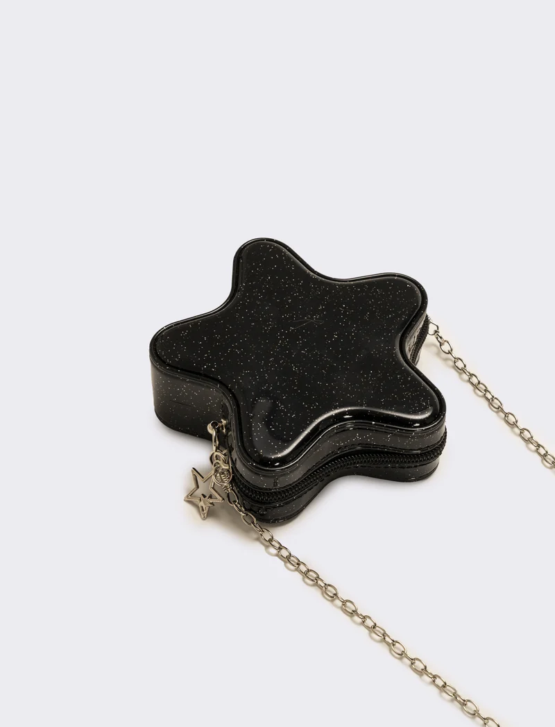 Borsa bambina gommata stella glitter con tracolla - Nero
