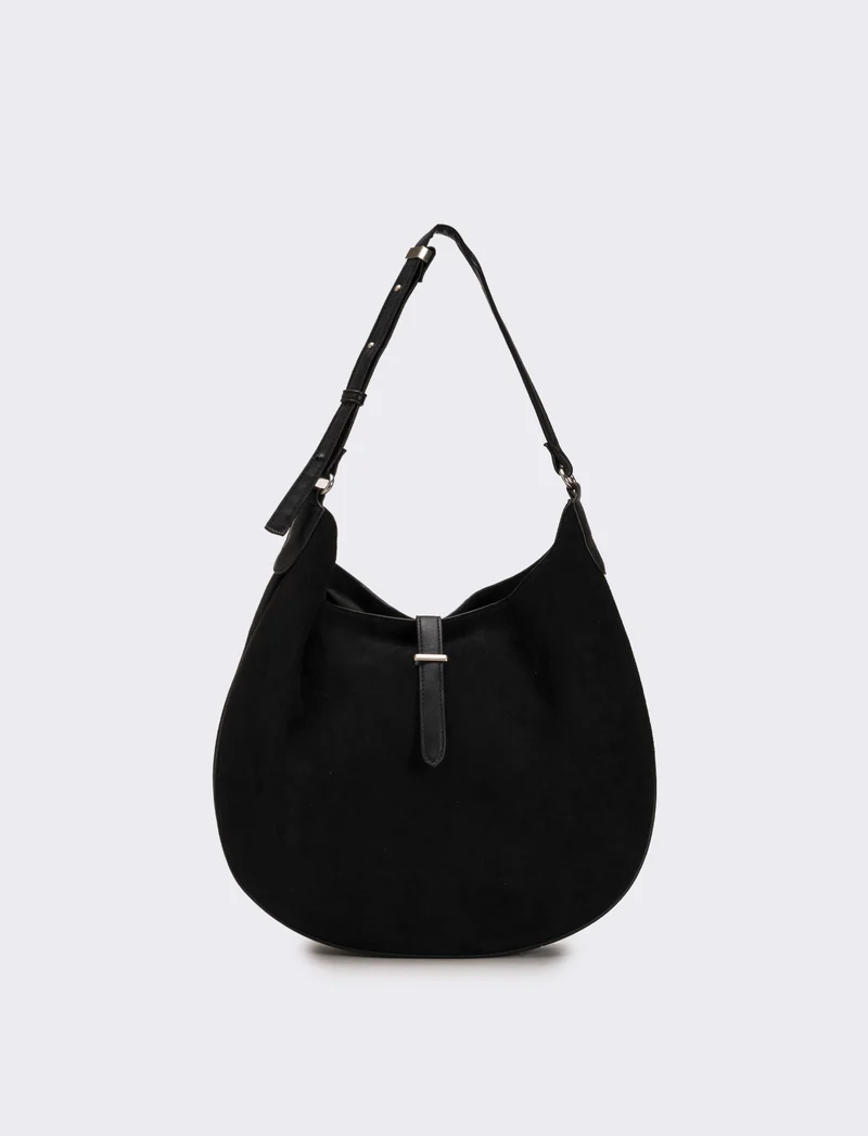 Borsa donna sacca mezzaluna in suede - Nero